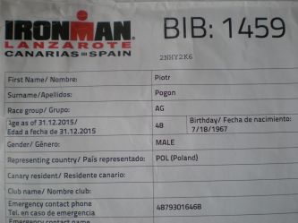 Lanzarote Ironman Triathlon 2015 karta zawodnika